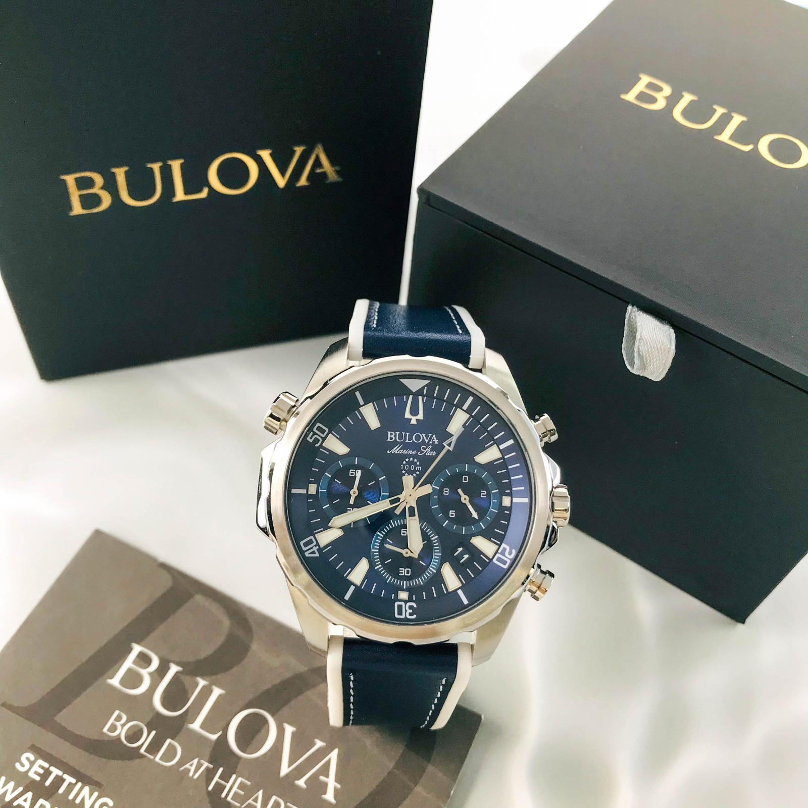 Bulova Marine Star 96B287 Blue Dial Chrono Silicone Strap Mens Quartz Watch 43mm