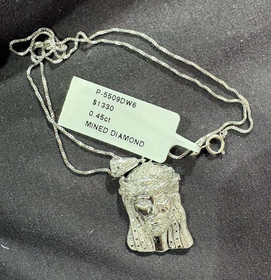 Sterling Silver Natural Diamond Jesus Charm Pendant Box Chain Necklace 0.45ctw