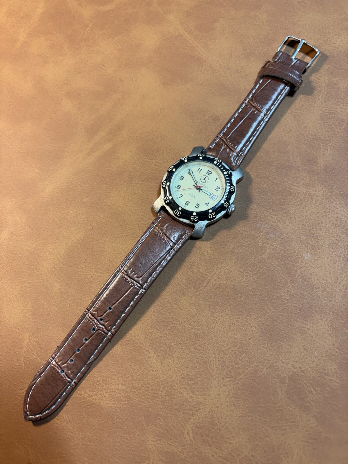 Vintage Mercedes Benz Men Field Watch Beige Dial,37mm,Rotating Beze,Date