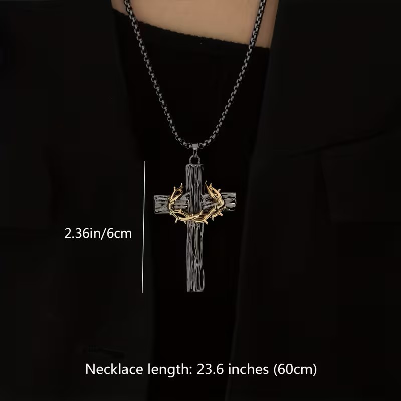 Black Christian Cross Necklace Crown of Thorns Pendant Religious Gift Jesus Mens