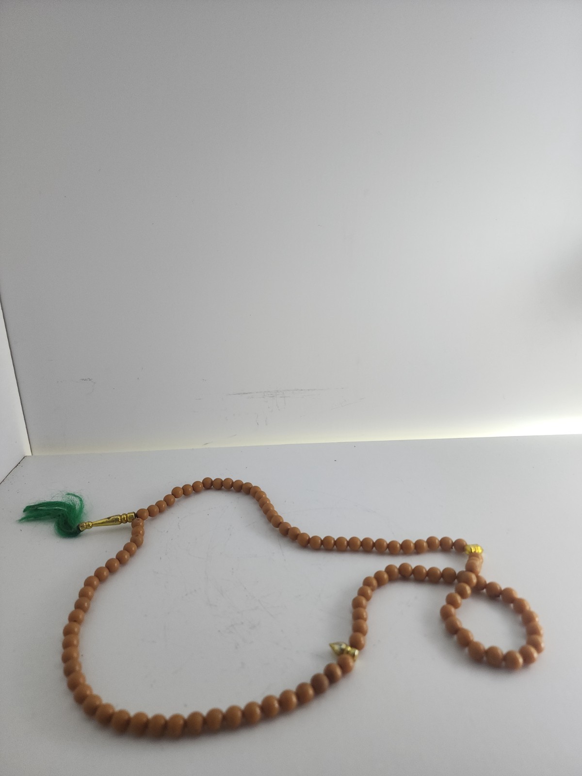 Brown Beige Beads Necklace Meditation Souvenir Green Tassel Gold Tone Charm