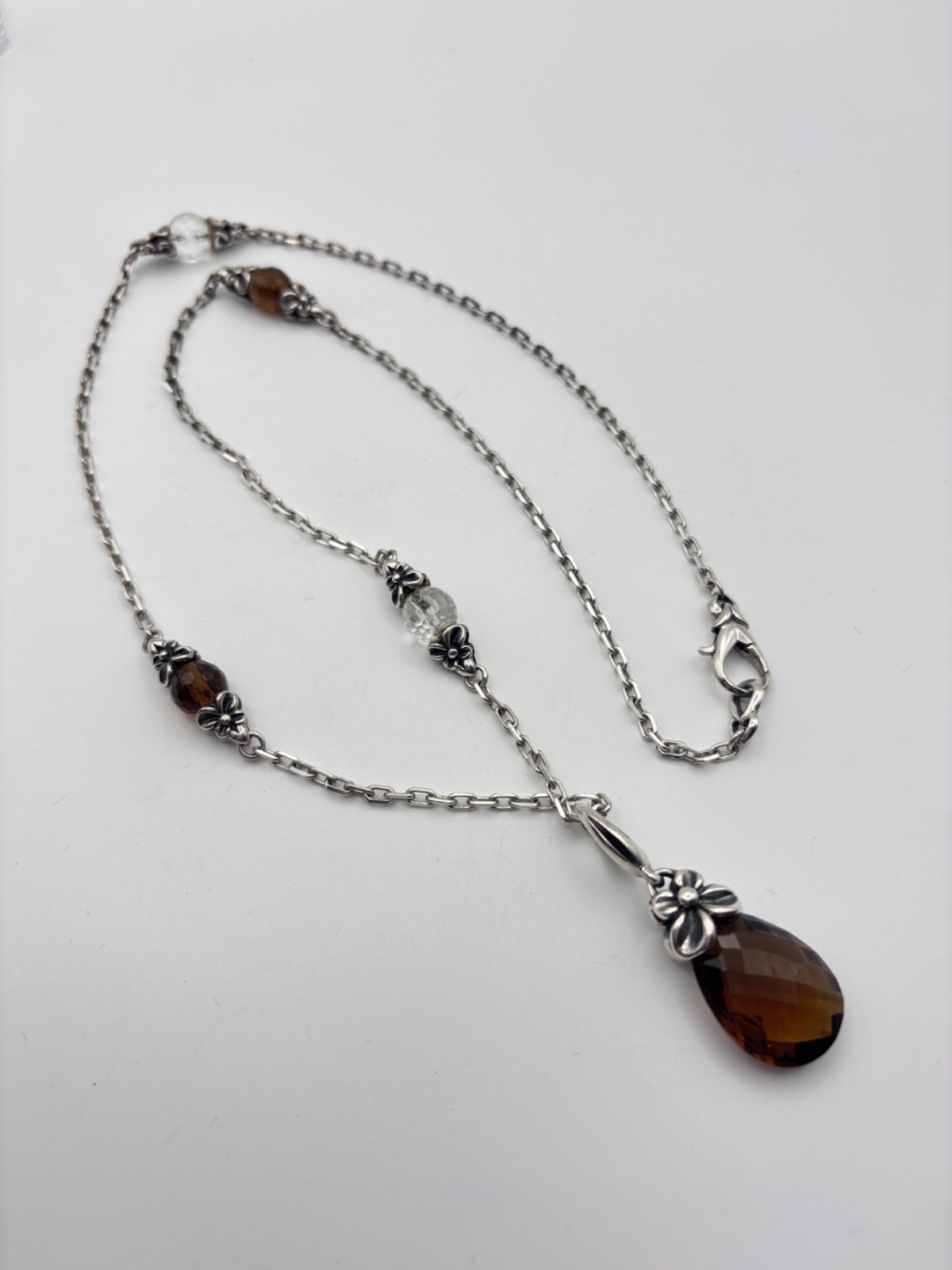 Ann King Pendant Necklace Sterling Silver Smoky Quartz Floral Faceted Enhancer