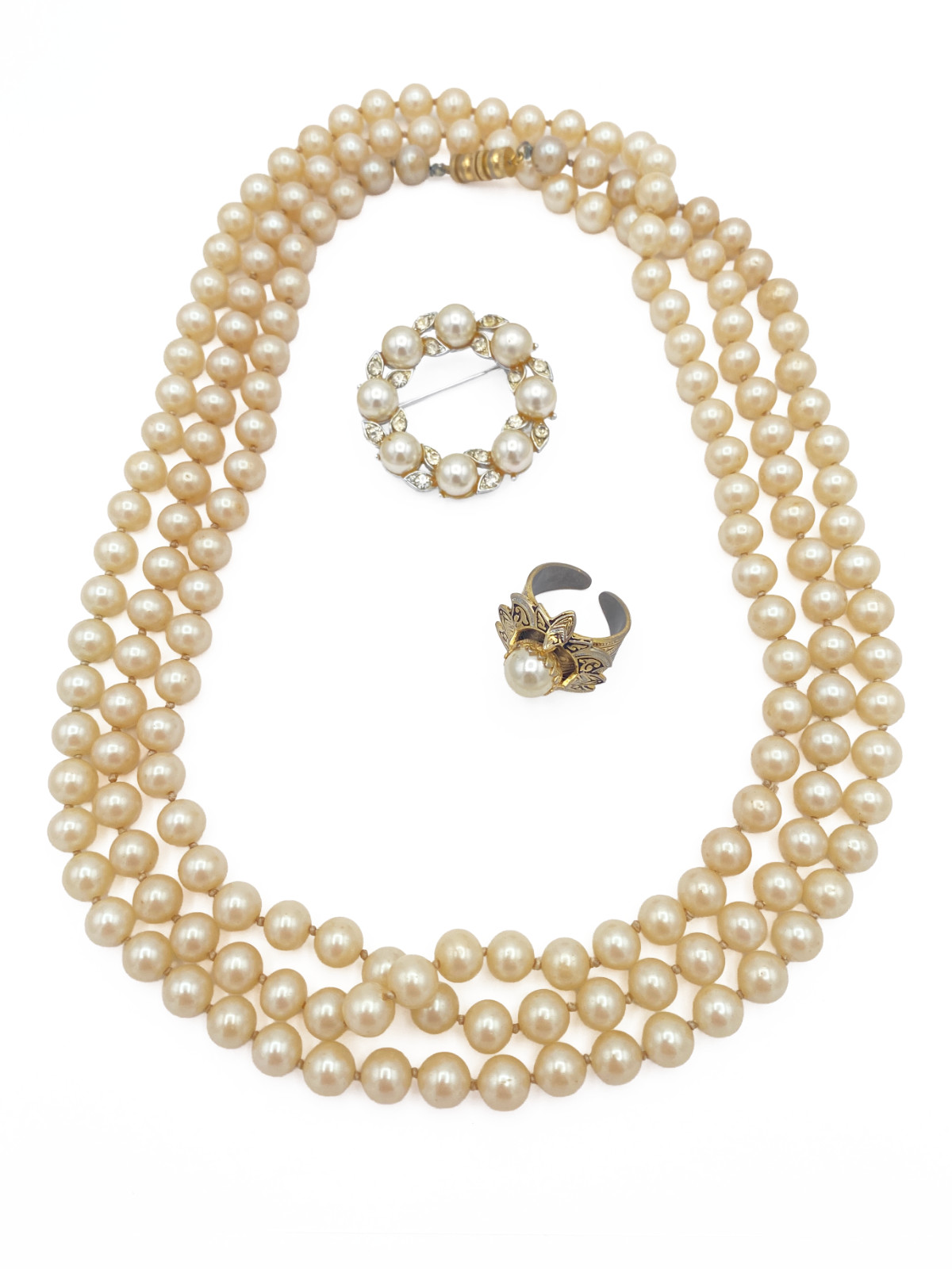 Vintage Faux Pearl Jewelry Lot 60in Necklace Lisner Brooch Spain Ring