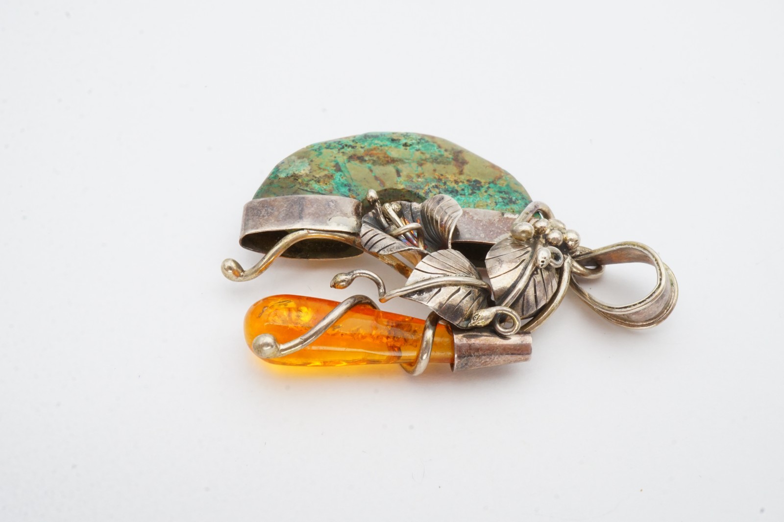 Vintage Sterling Silver 925 Amber Turquoise Pendant