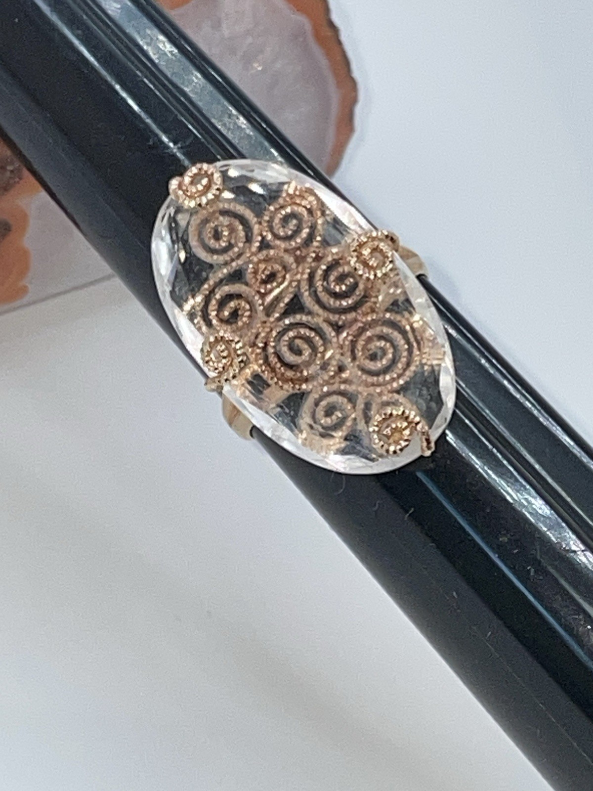 14KT 14K Rose Gold Caged Crystal Filigree RING Statement Italy Milor Size 10.25