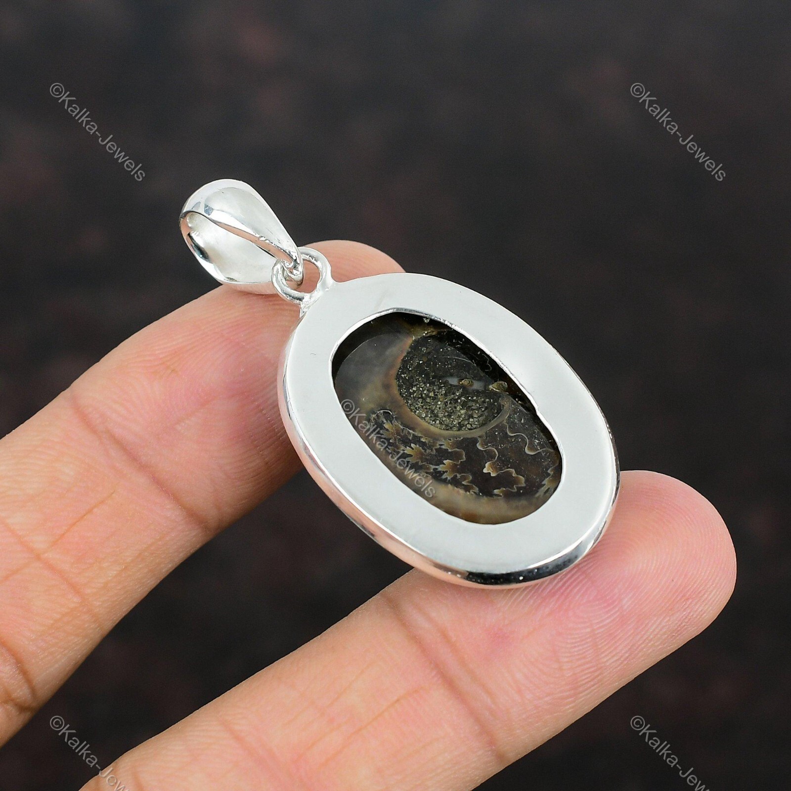 Natural Ammonite Fossil Gemstone Pendant 925 Sterling Silver Indian Jewelry
