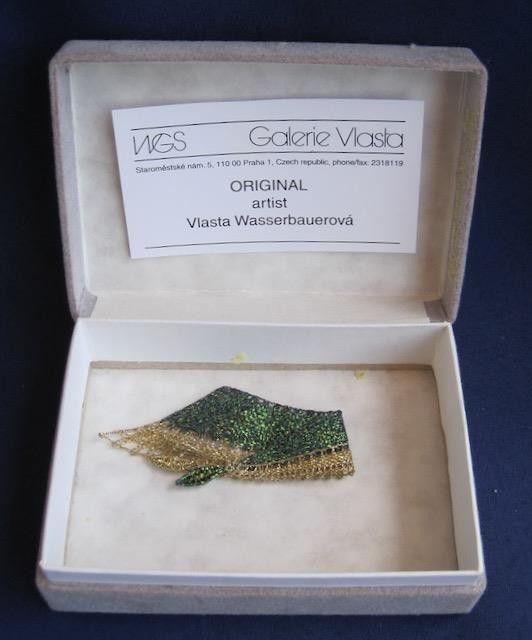 Vlasta Wasserbauerova Czech Bobbin Lace Angular Pin Gold Metallic Fiber Art Box