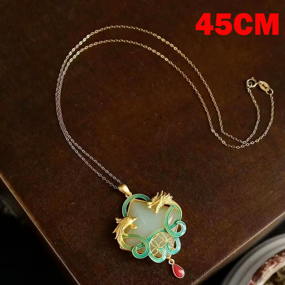 Jade Dragon Phoenix Shape Pendant Jewelry 18K Gold Plated Necklace 450mm Gift US