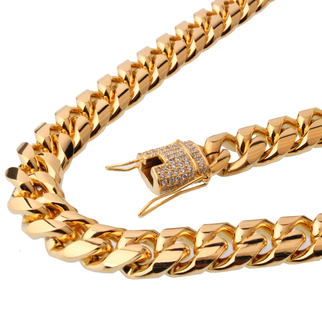 14 mm30in Men Cuban Miami Link Bracelet Chain Set 14k Gold Plated StainlessSteel