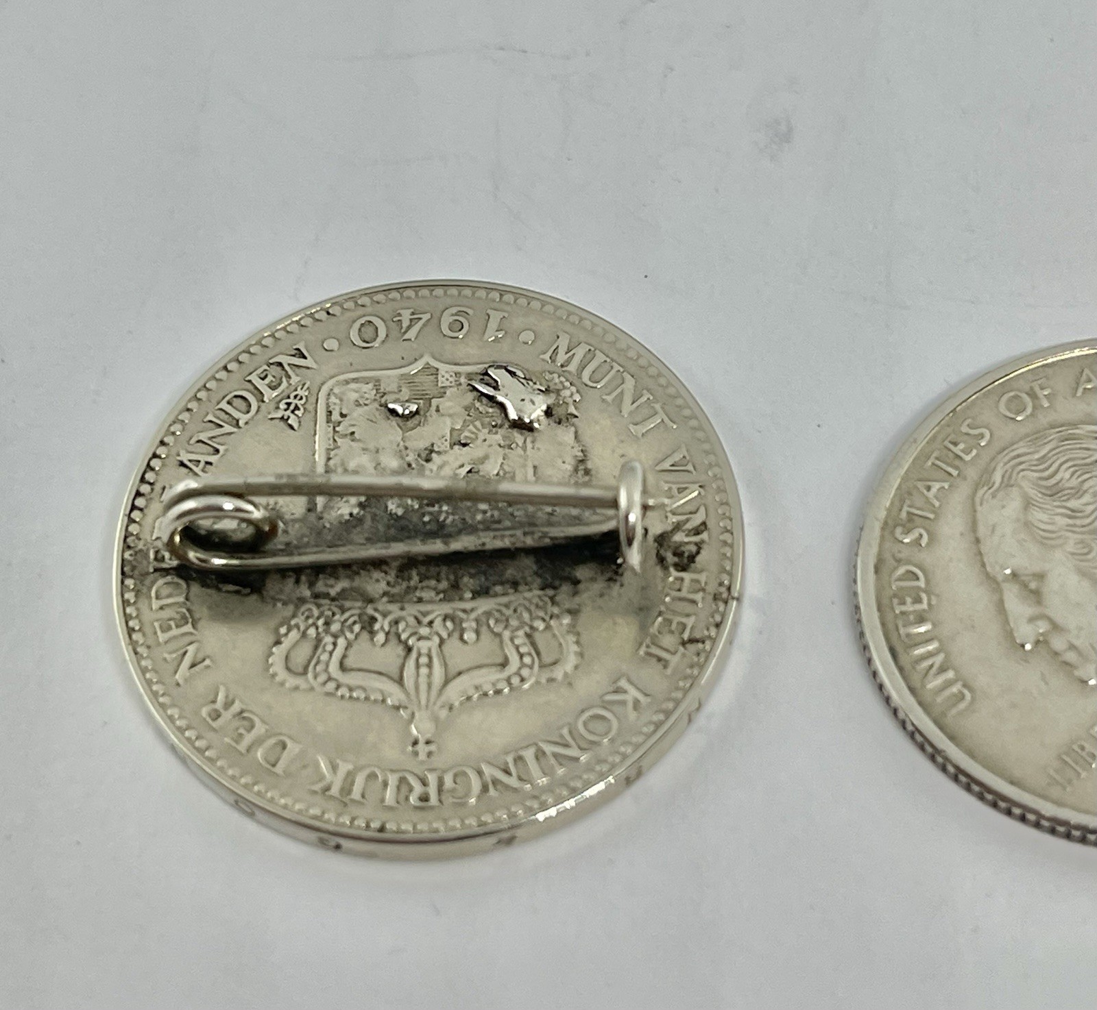 Vintage Queen Wilhelmina of The Netherlands 1940 Coin Hallmarked Sterling Brooch