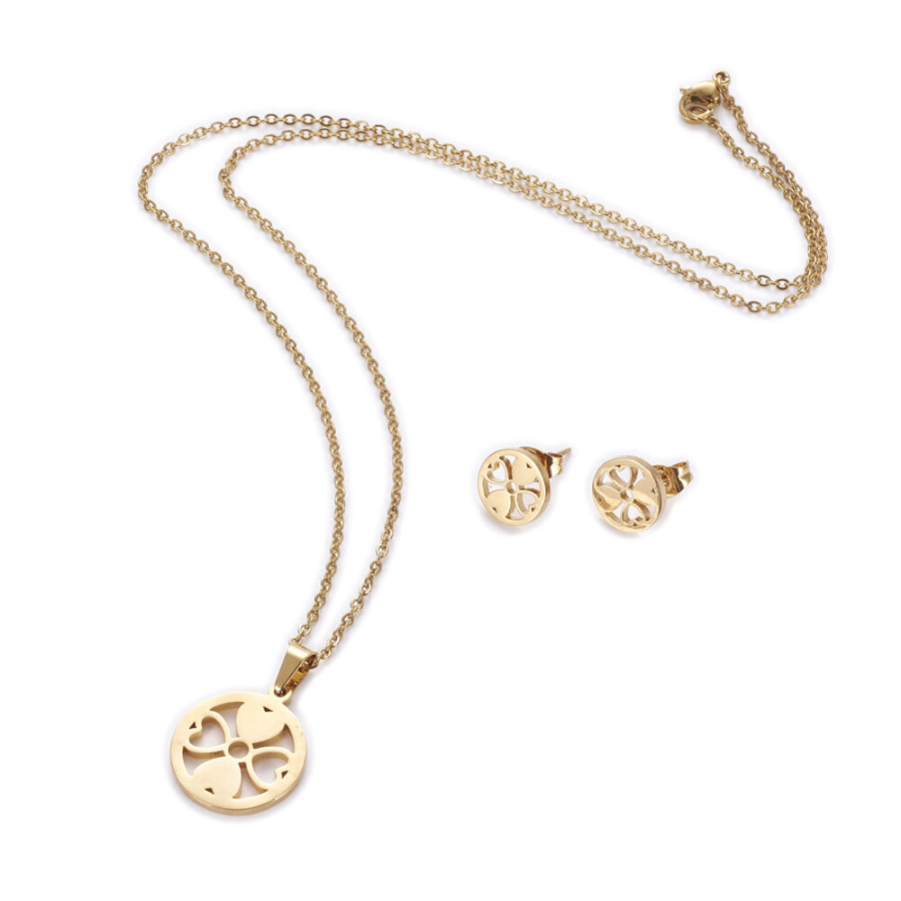 Stainless Steel Set Earring Pendant Necklace Flat Round Clover Gold 18″ P795