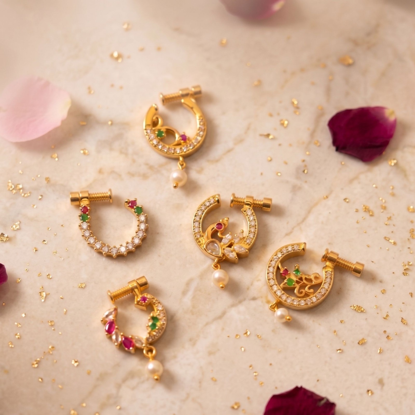 Gold Plated CZ Indian Nose Ring Set: Bridal Nath, Non-Piercing Clip On