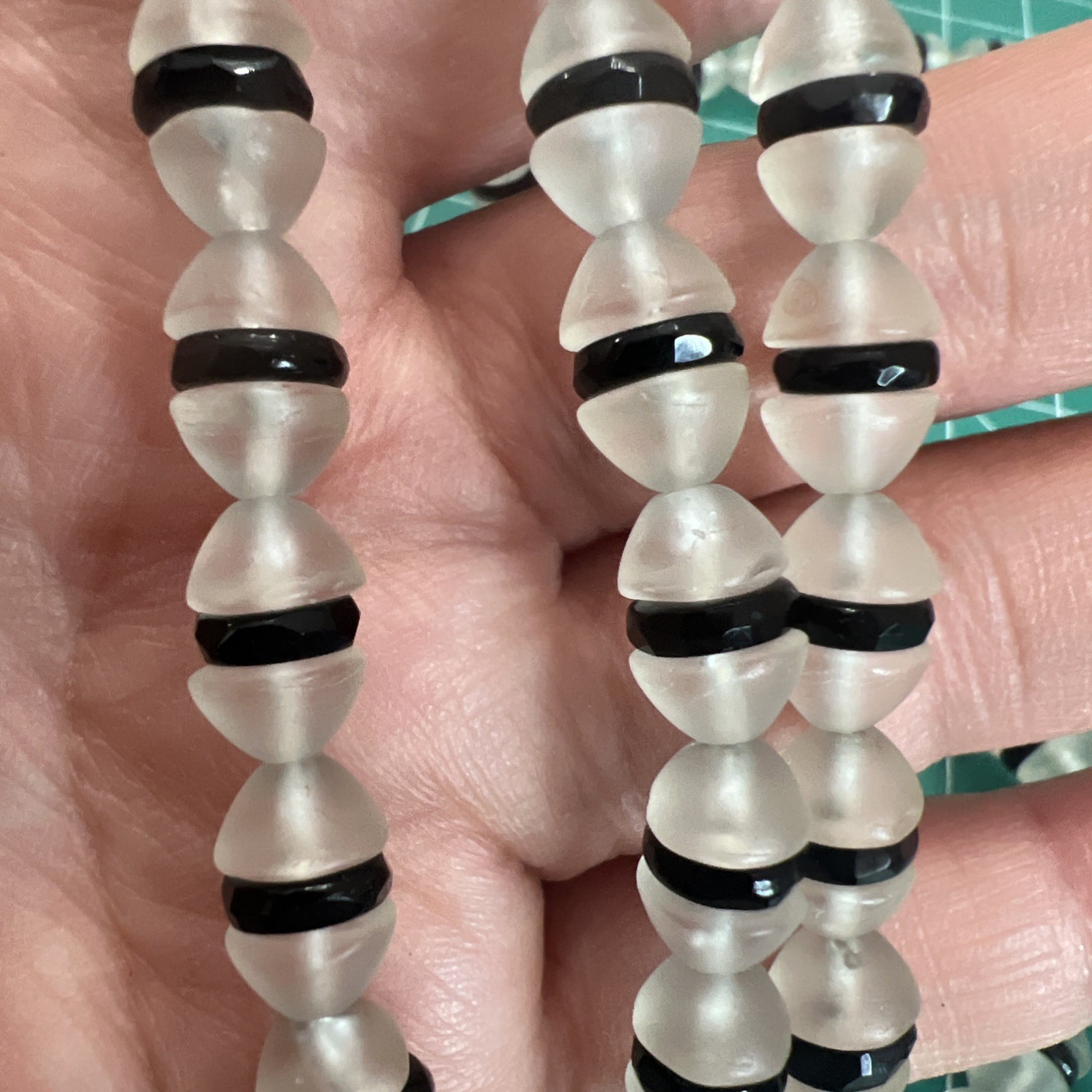 Art Deco Czech Frosted Opaque Glass & Jet Black Rondelle Bead Necklace 40”