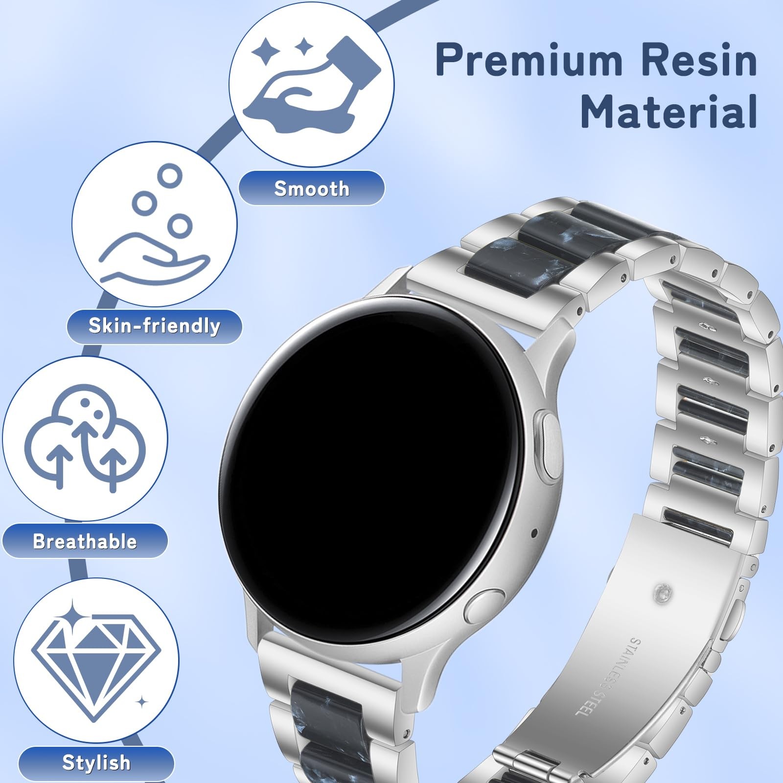 Resin Bands for 20 mm / 22 mm, Resin & Stainless Steel Metal Straps Band Ligh…