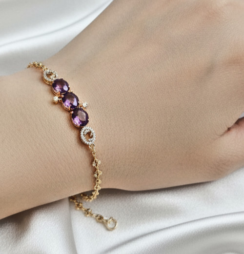 BRACELET ROSE Gold Filled 0.8X24.0CM/LAB-GROWN Amethyst/Diamonds Cut LUXURY/UK/S