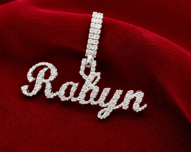 2Ct Moissanite Rakyn Name Pendant – 14K White Gold Plated Iced Out Unisex Charm