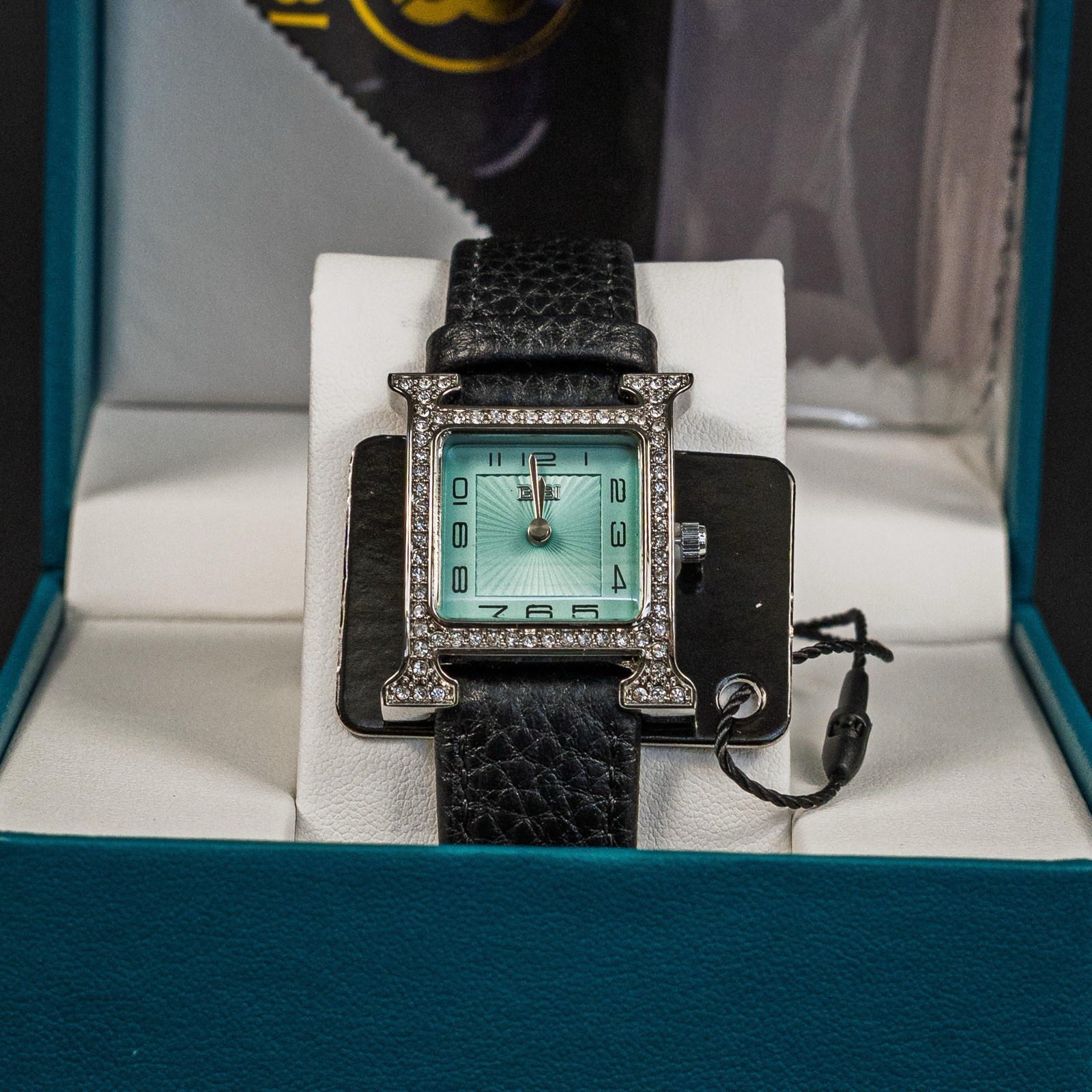 BIBI Luxury Watch Tiffany Blue Face H Rhinestone Genuine Leather Band Women NIB