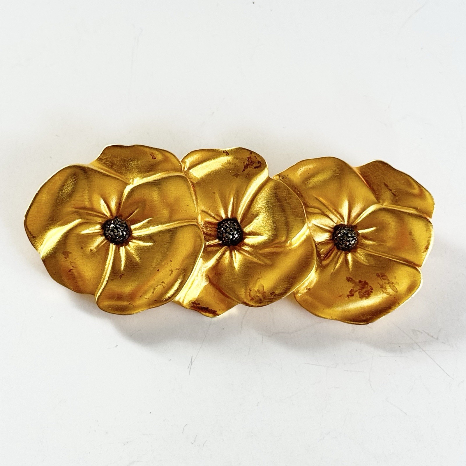 Vintage Judith Jack 80s/90s Satin Brushed Gold Tone Trio Pansy Flower Brooch HTF
