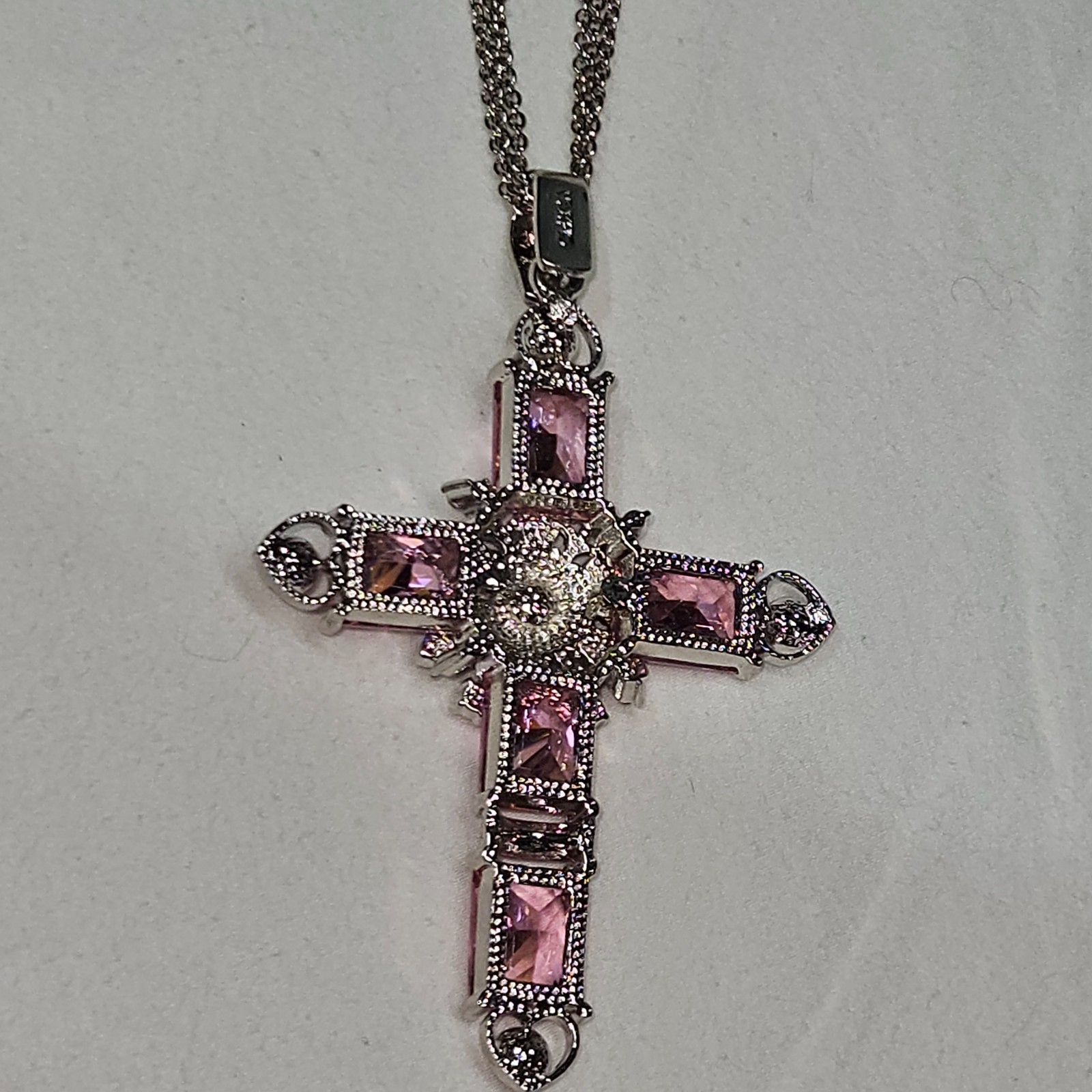 Silver tone Pink & Blue Rhinestone Cross Necklace Religious Christian 12″ 40g