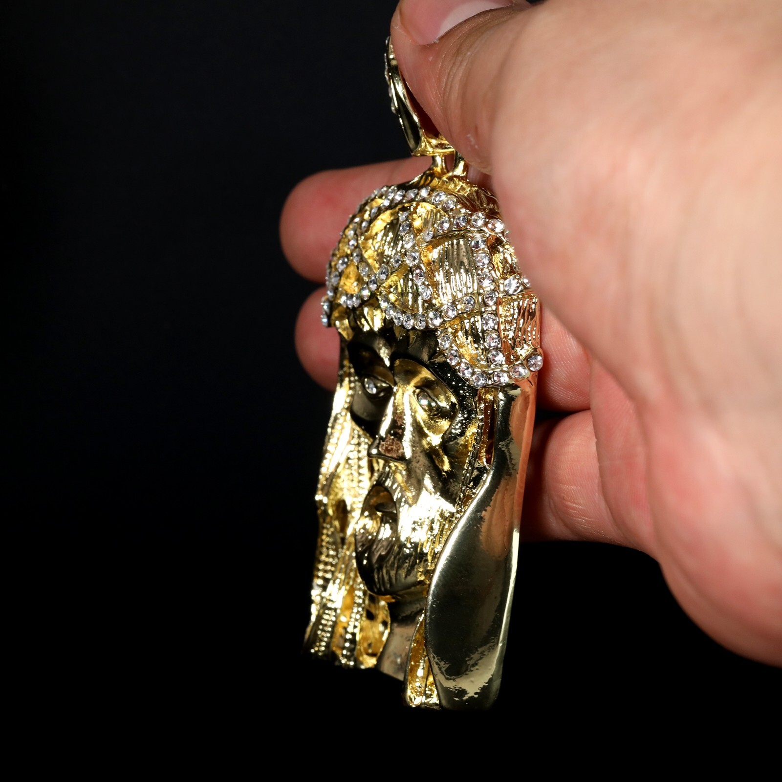 14k Gold Plated 30″ Cuban Chain Iced Cubic Zirconia Crowned Jesus Large Pendant