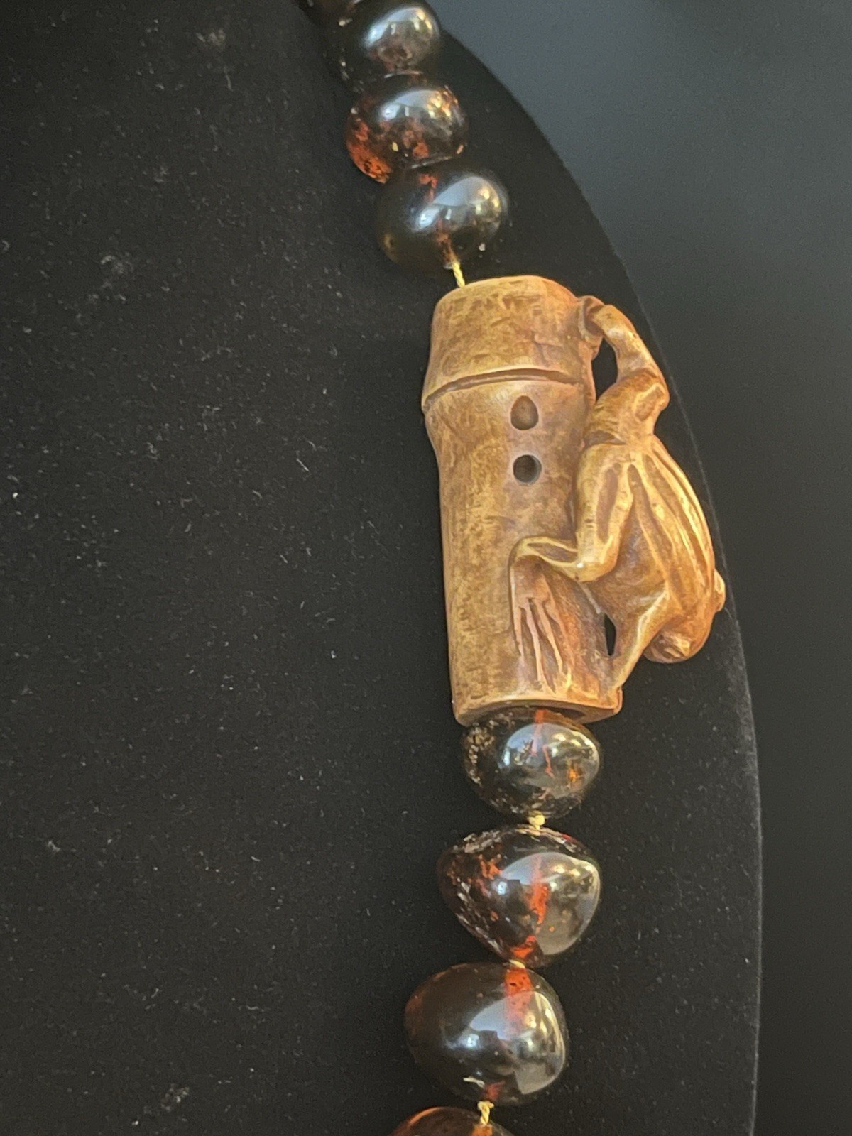 Baltic Amber Beaded Necklace Tied Nylon Cord with Carved Wood Frog/Floral Beads