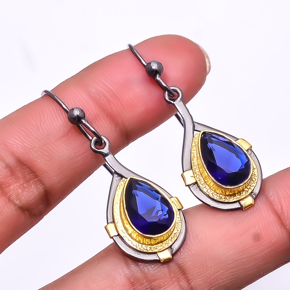 Blue Sapphire (Simulated) 925 Silver Black And Gold Rhodium Plated Earring 1.76″