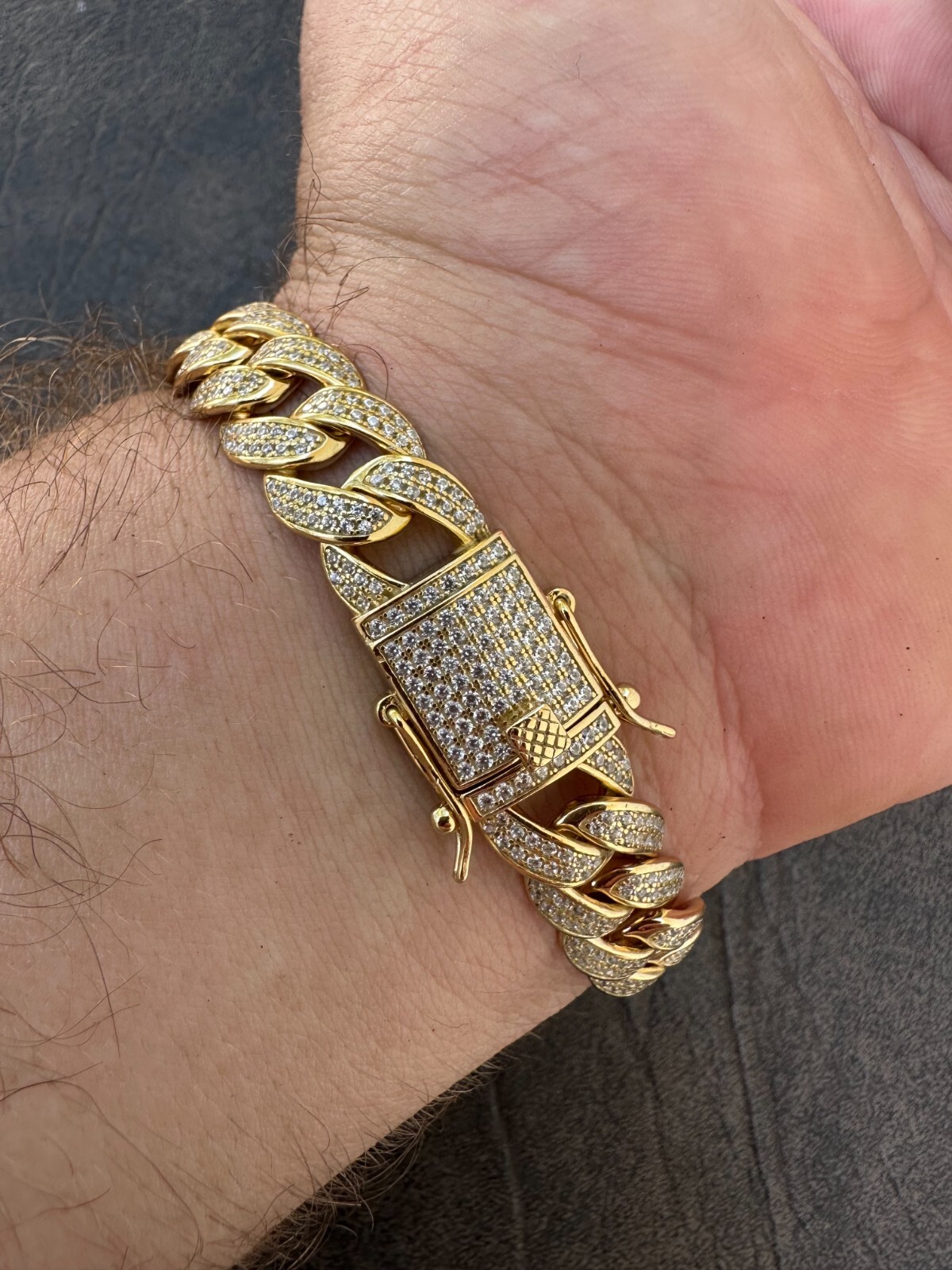 Mens Miami Cuban Link Bracelet Real Icy Solid 14k Gold Plated 925 Silver CZ 12mm