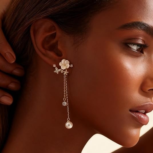 Aretes Largos de Cadena Flor dorado 14K para Mujer o Dama de Honor