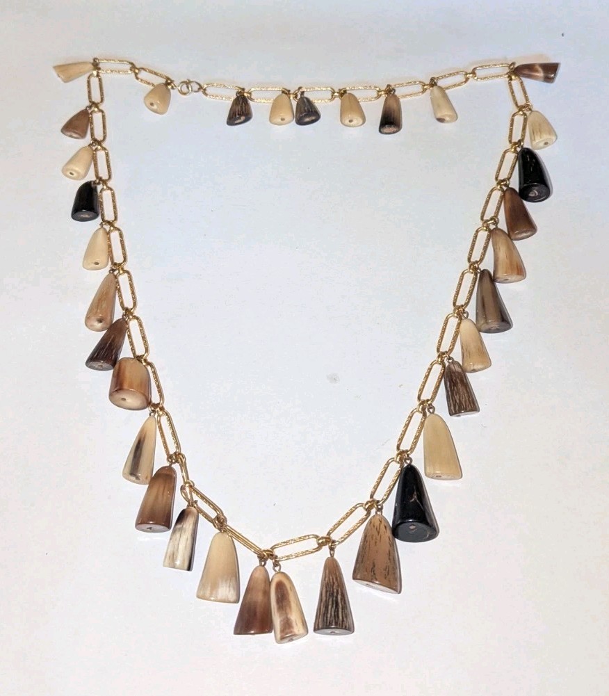 Vintage Natural Mixed Horn Tips Necklace Black Beige Brown Native Tribal 35″