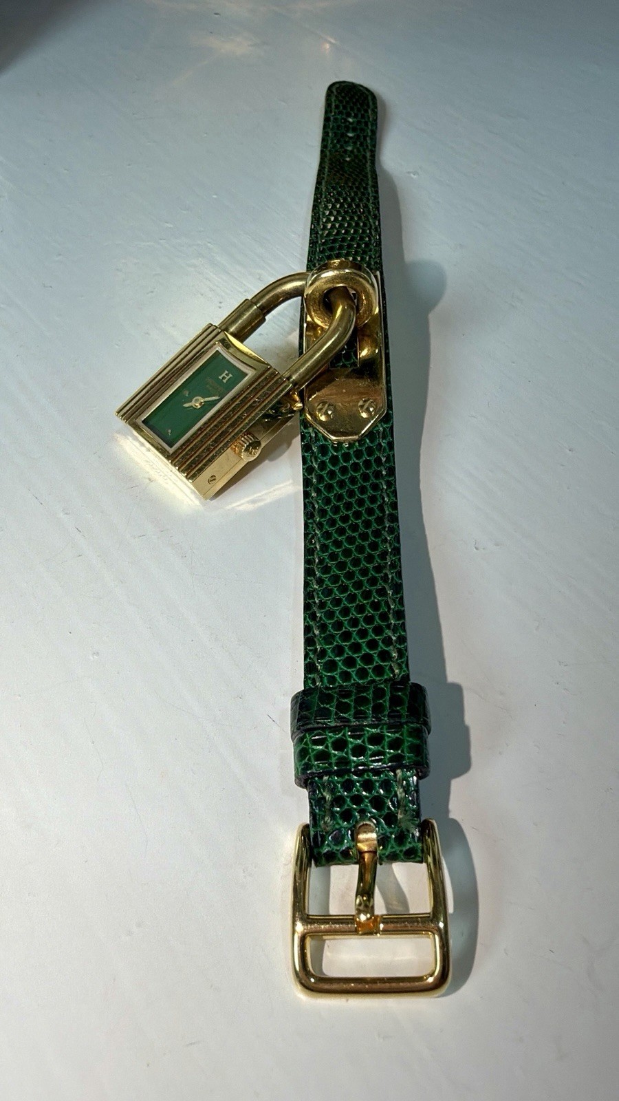 Hermes Kelly Watch Green Lizard Leather Strap Size 7