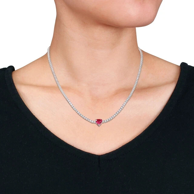 14K White Gold Plated 8CT Lab Created Ruby & Diam Womens Tennis Necklace 18 Inch