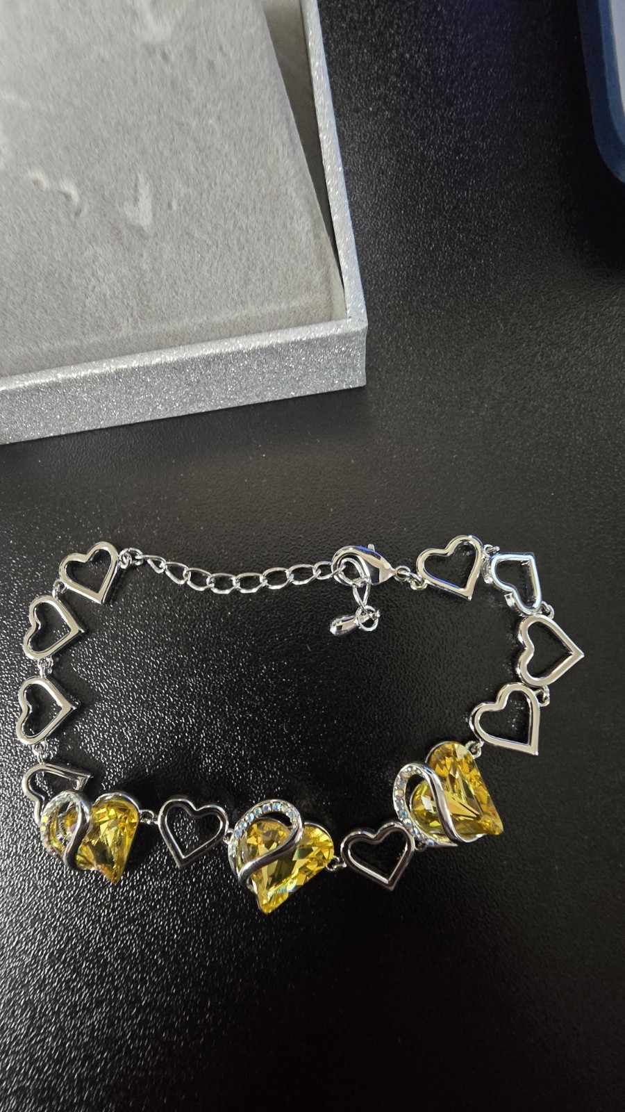 LEAFAEL Silver Tone Yellow Heart Crystal Charm SET Chain Necklace And Bracelet