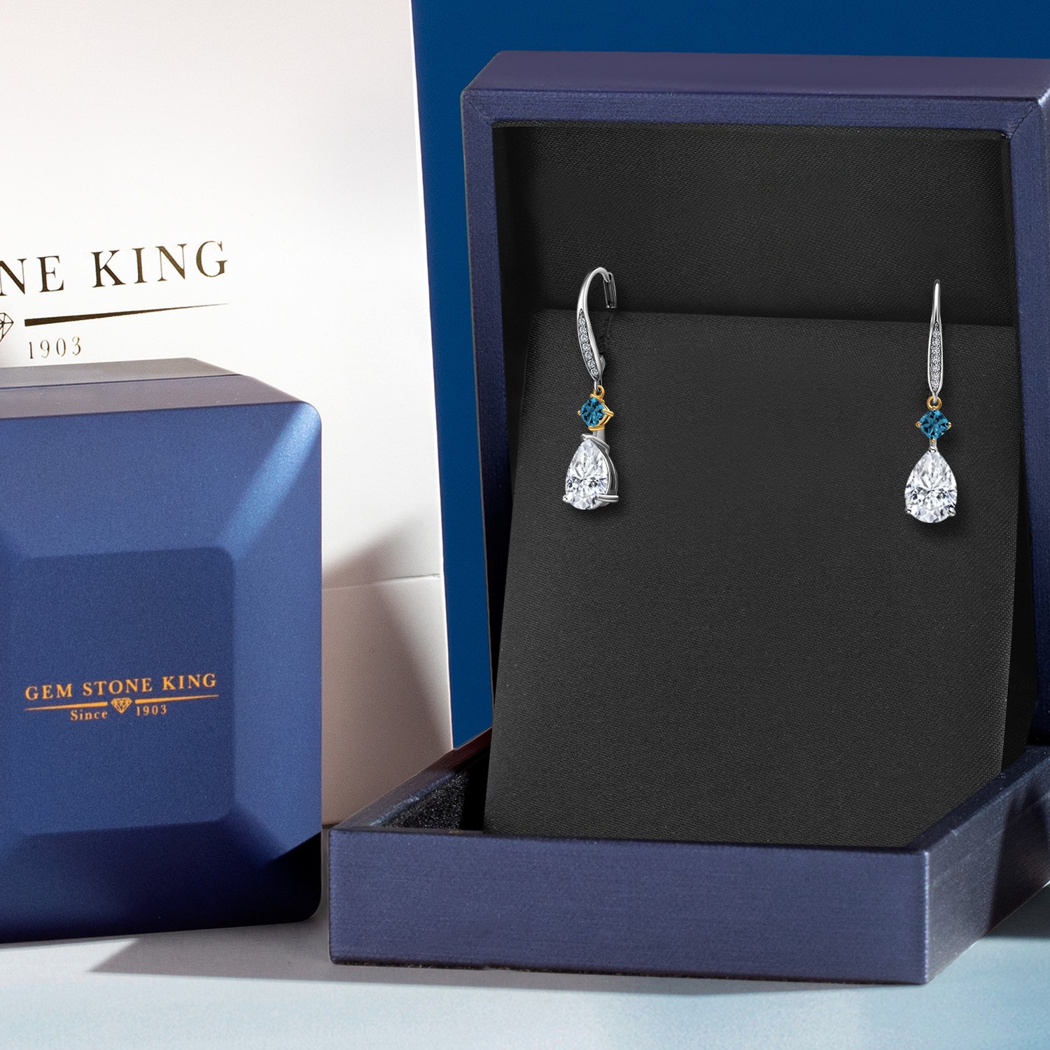 925 Silver and 10K Yellow Gold Gemstone Birthstone London Blue Topaz and Lab