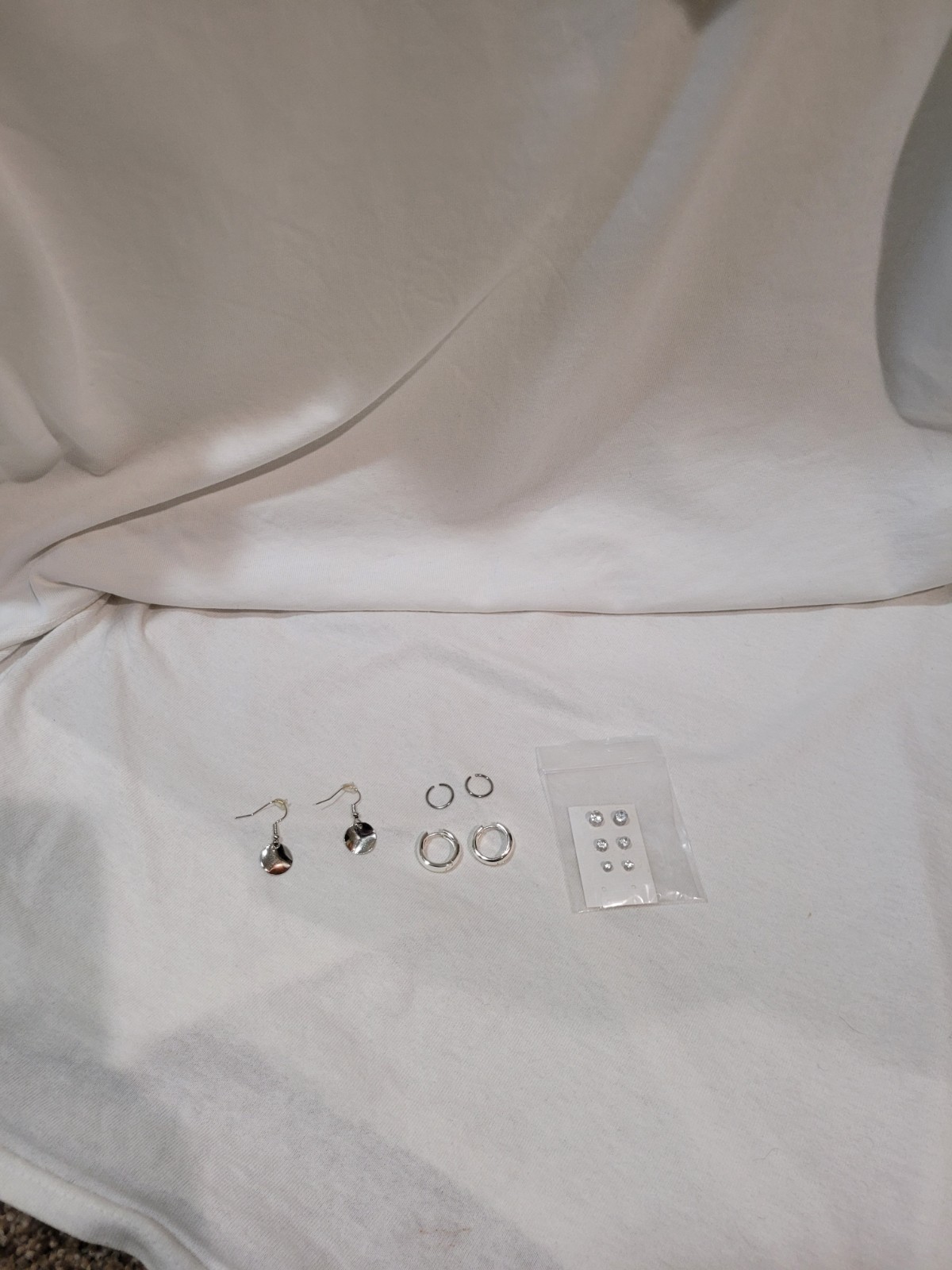 Silver earring set (2 hoop pairs, 1 Dangle pair, 3 “fake” magnetic studs)