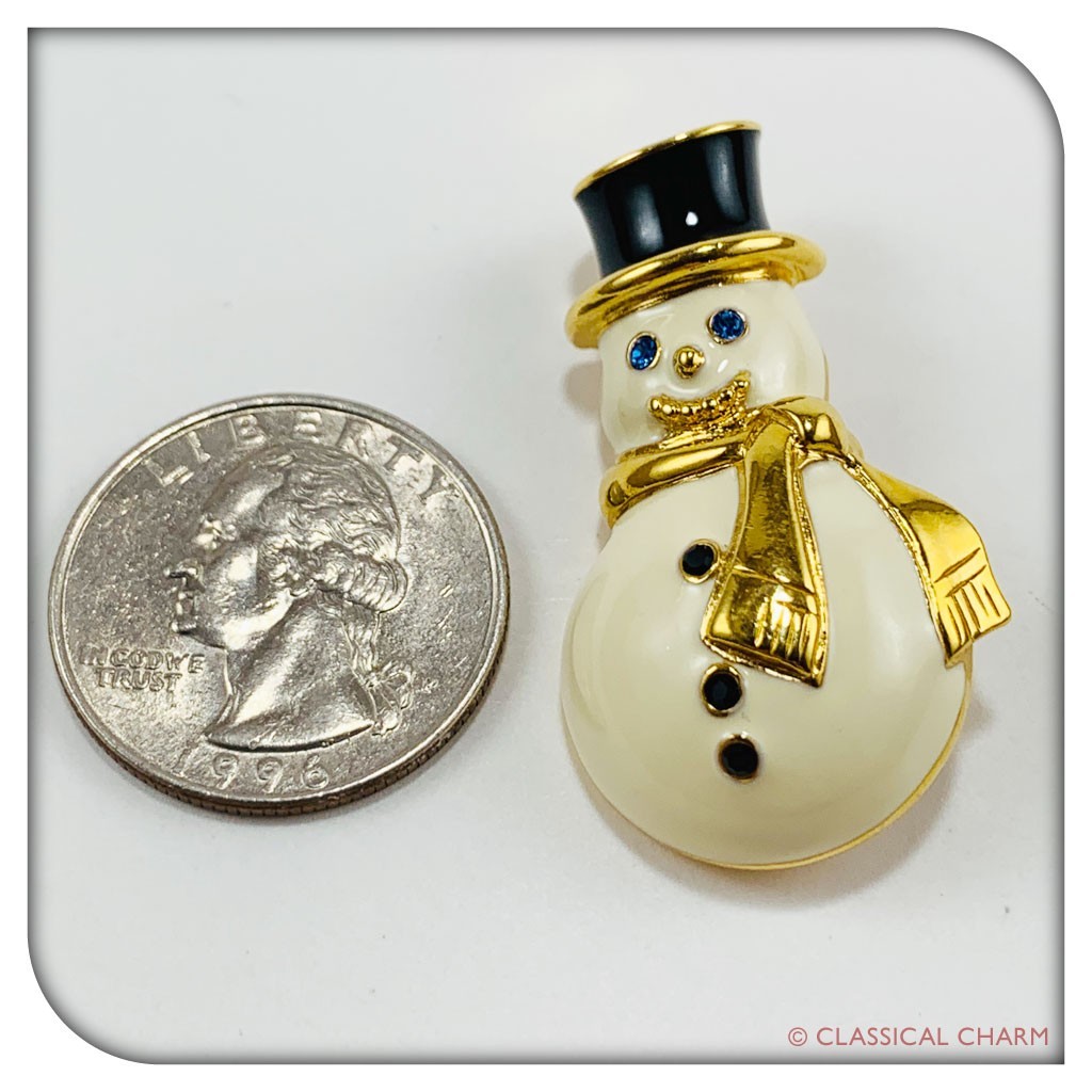 Monet Frosty Snowman Pin Brooch Enamel Gold Tone black And Blue Stones Top Hat