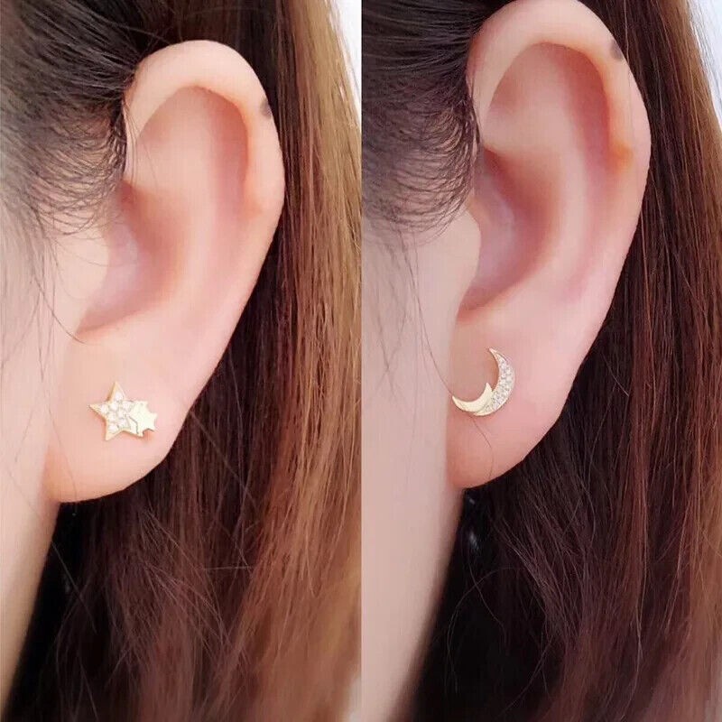 Round Simulated Diamond Women’s Moon Star Stud Earrings 14K Yellow Gold Plated