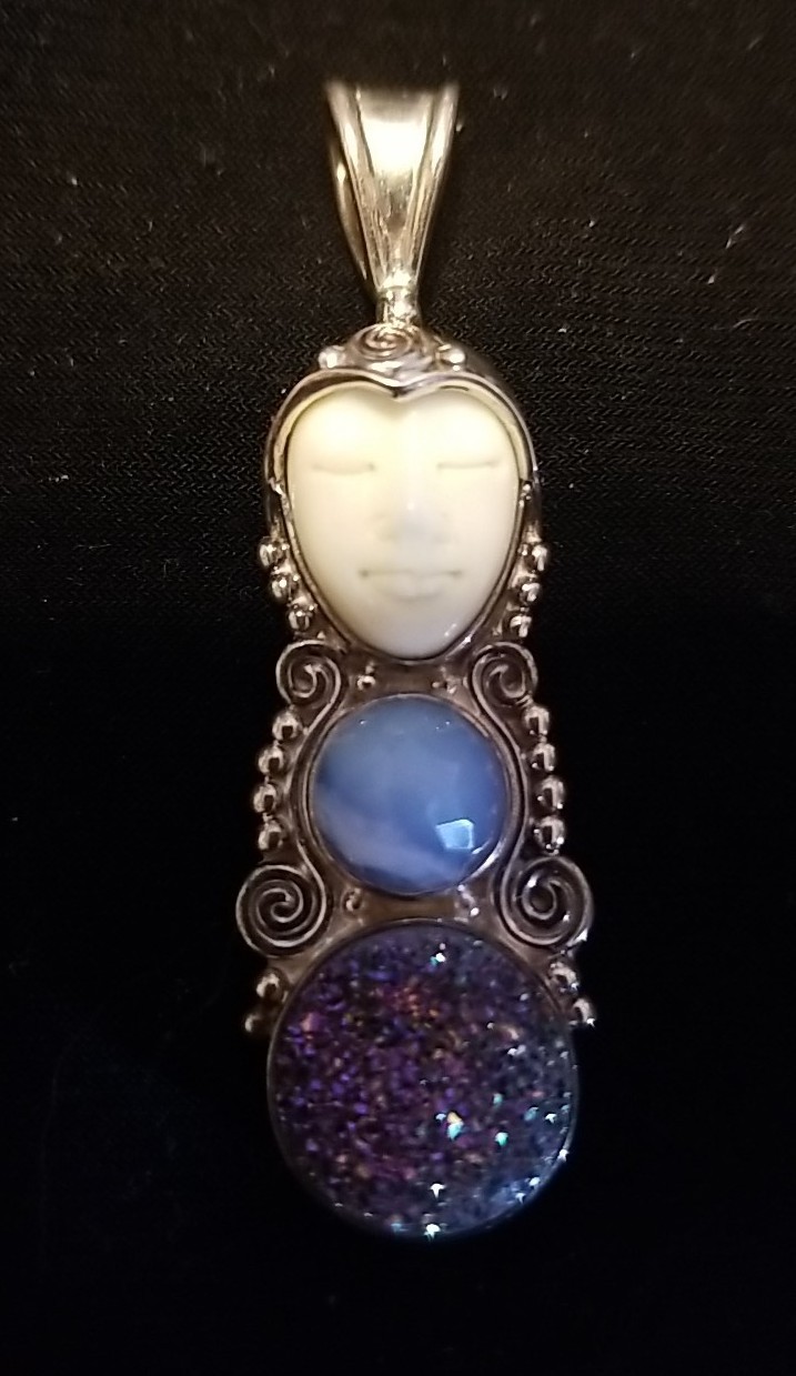 Sajen Silver Sleeping Goddess Pendant, Drusy, Gemstone, Bone, Sterling, 2 Inch