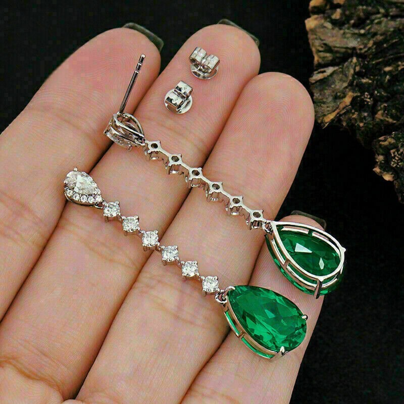 2.00 Ct Pear Cut Lab Created Green Emerald Drop Earrings 14K White Gold Finish
