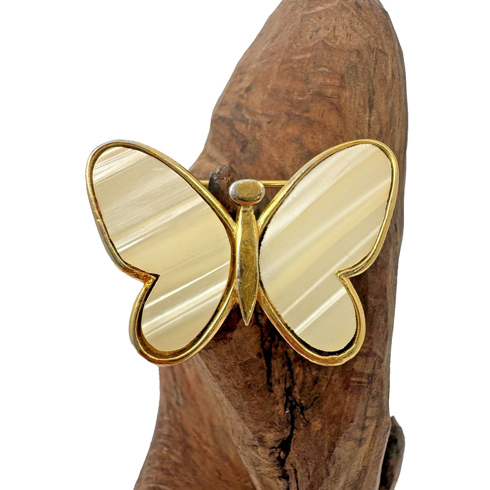 Vintage Crown TRIFARI Gold Tone Cream White Lucite Butterfly Brooch Pin Signed