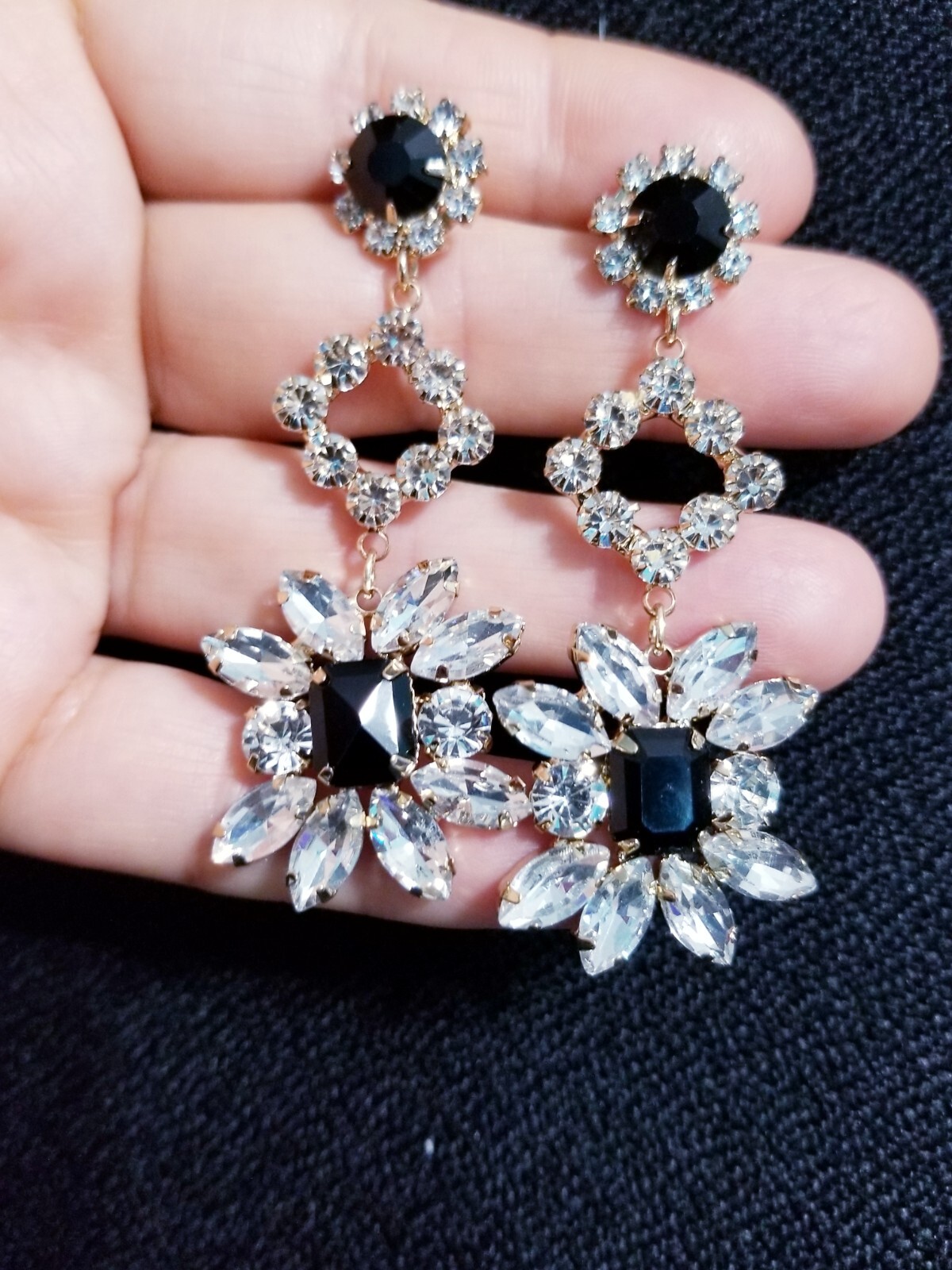Bridesmaid Drop Dangle Chandelier Earrings 2.8 in Black Rhinestone Pageant Prom