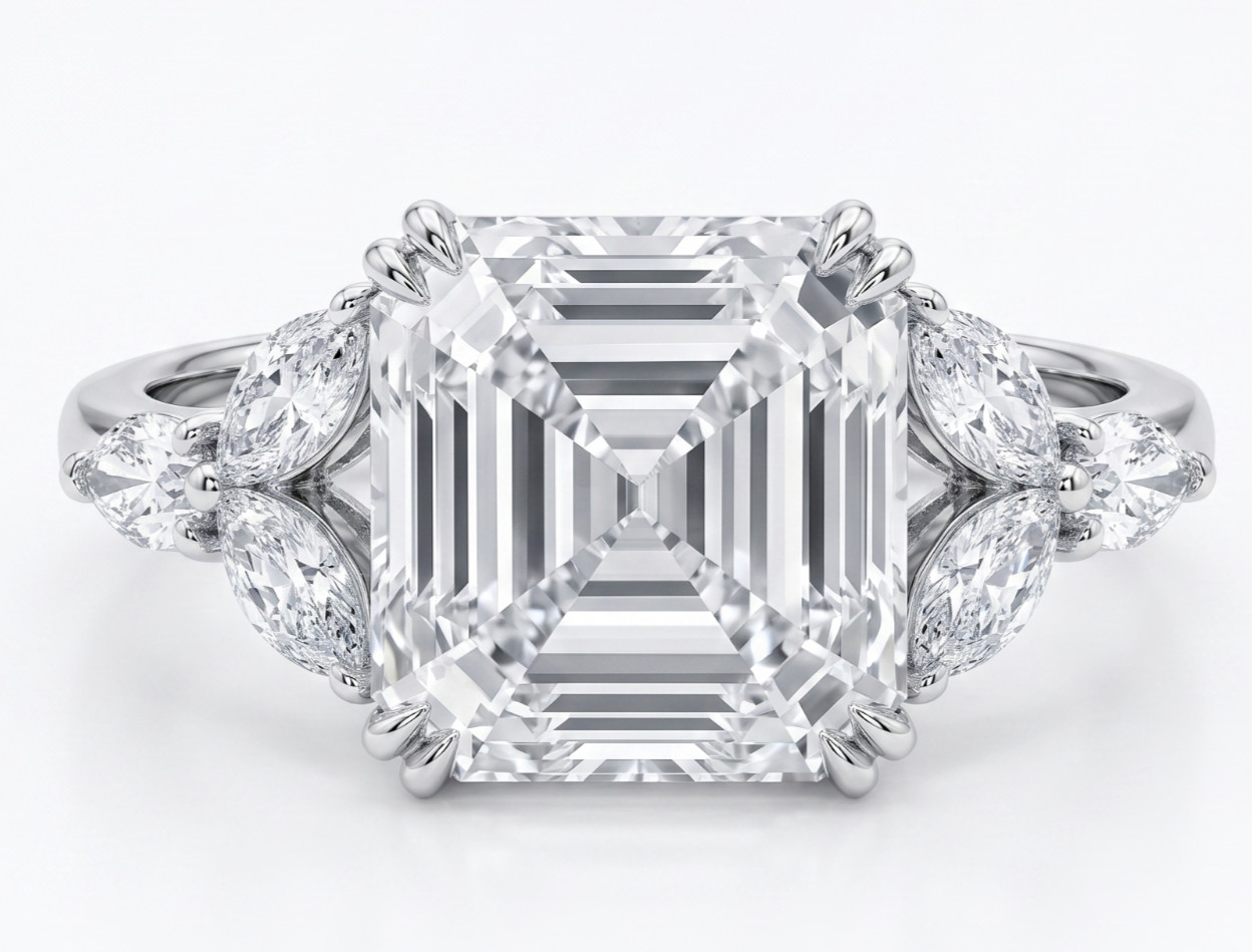 RARE 5.30 Ct Certified Asscher Cut White Natural Diamond Ring White Gold Finish