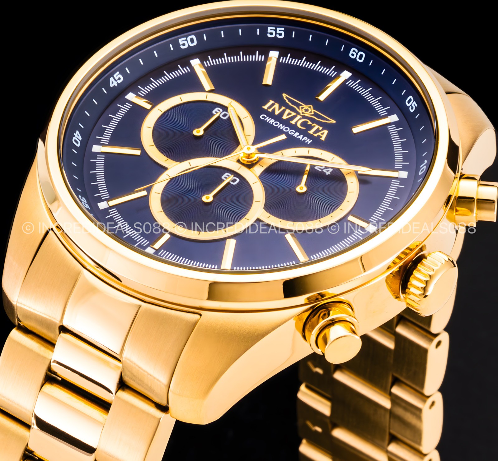 Invicta Mens SPECIALTY CHRONOGRAPH Blue 18K Gold Dial 48mm Bracelet Watch Reloj
