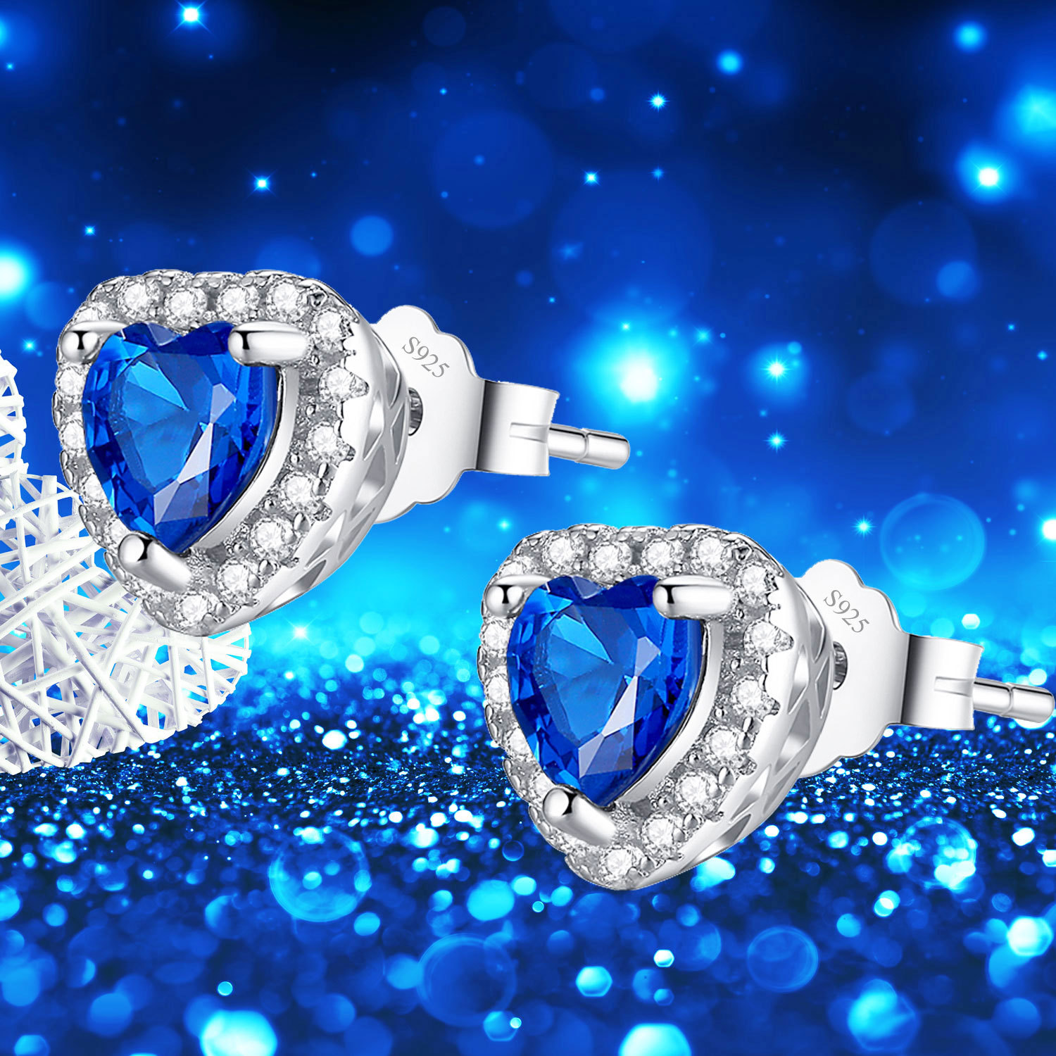 Solid Sterling Silver Simulated Blue Sapphire Heart Shaped Stud Earrings