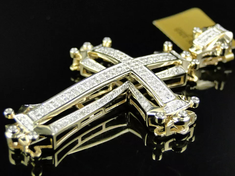 Pave Set Round Cut Diamond Cross Pendant in 14K Yellow Gold FN 0.92 Ct