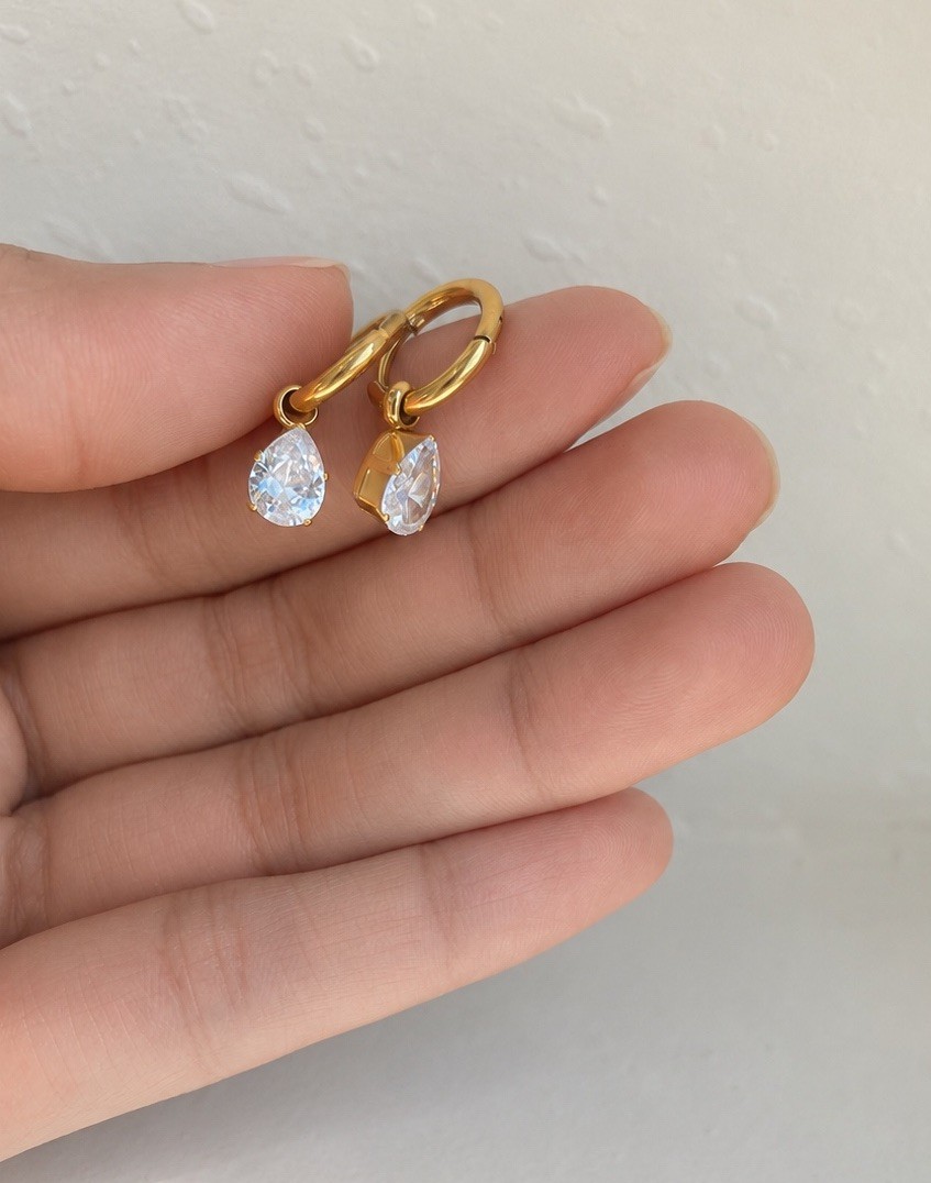 18K Gold Plated Teardrop Crystal Huggie Hoop Earrings Stainless Steel