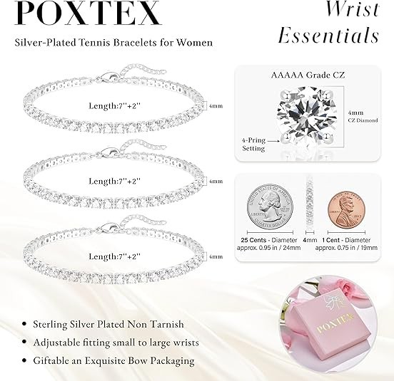 925 Sterling Silver Bracelets for Women Stack, Trendy Tennis Bangle Cuff Jewelry