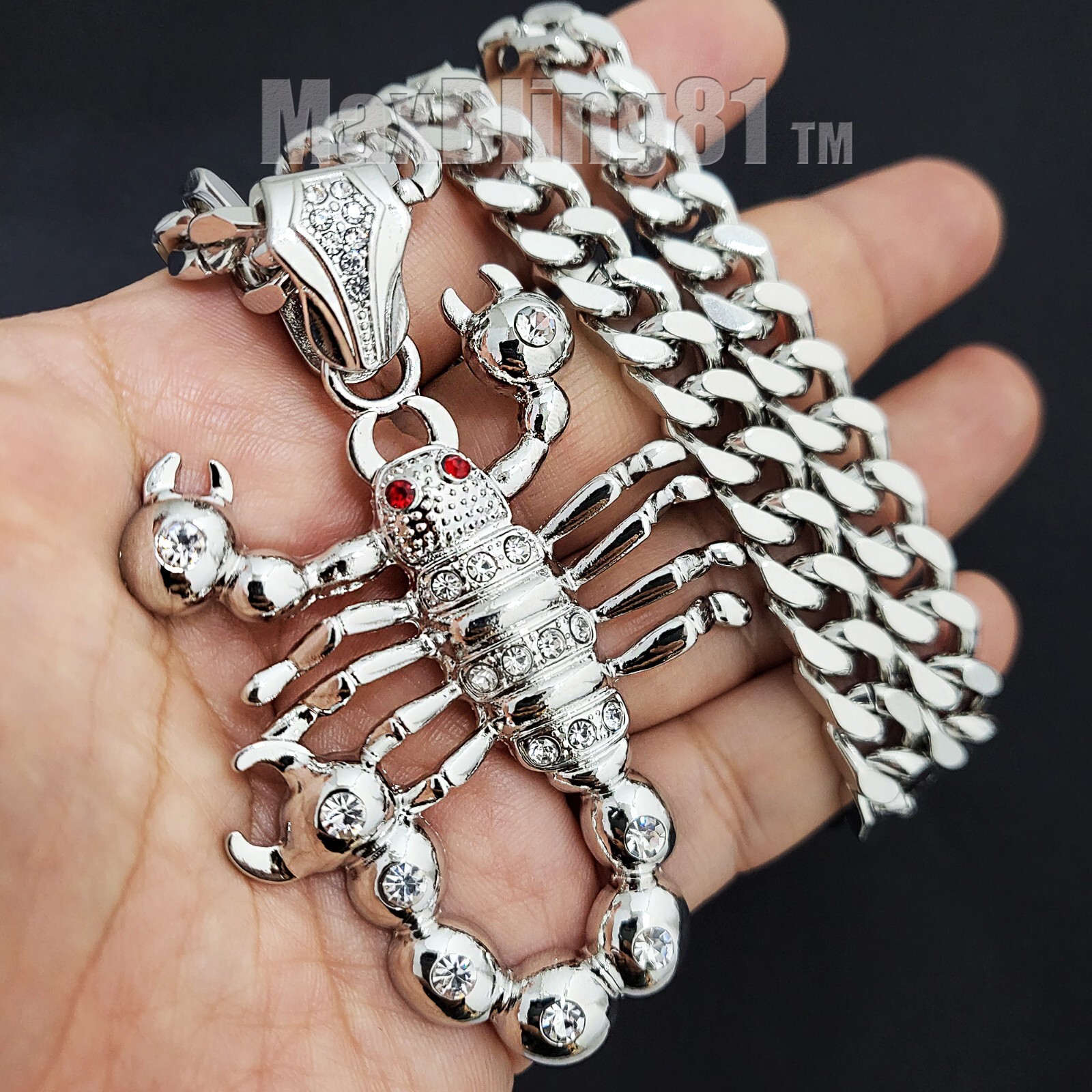 Iced Cubic Zirconia Silver Plated Alloy SCORPION Pendant & Cuban Chain Necklace