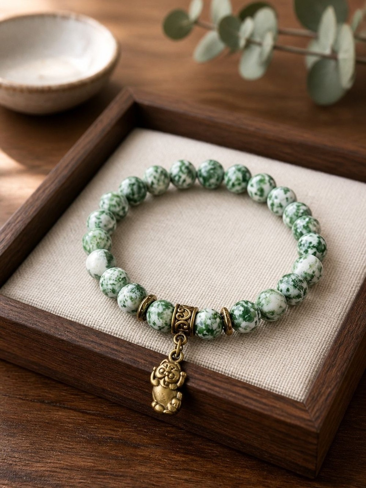 Green Tree Agate With Antique Brass Tone Accent