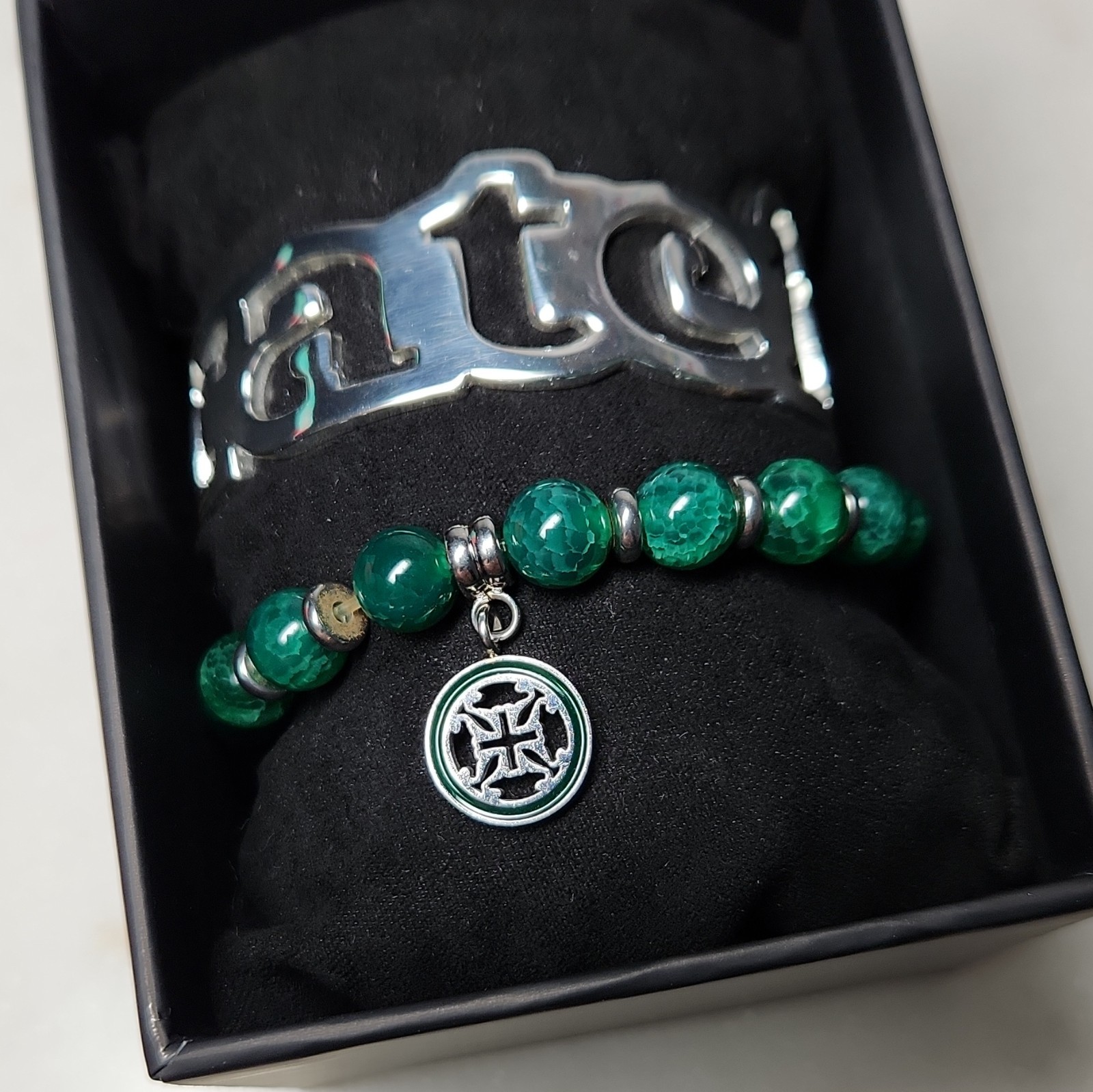Rustic Cuff “Greatful” Cuff & bracelet Silver Tone, Green Beaded Charm, Box