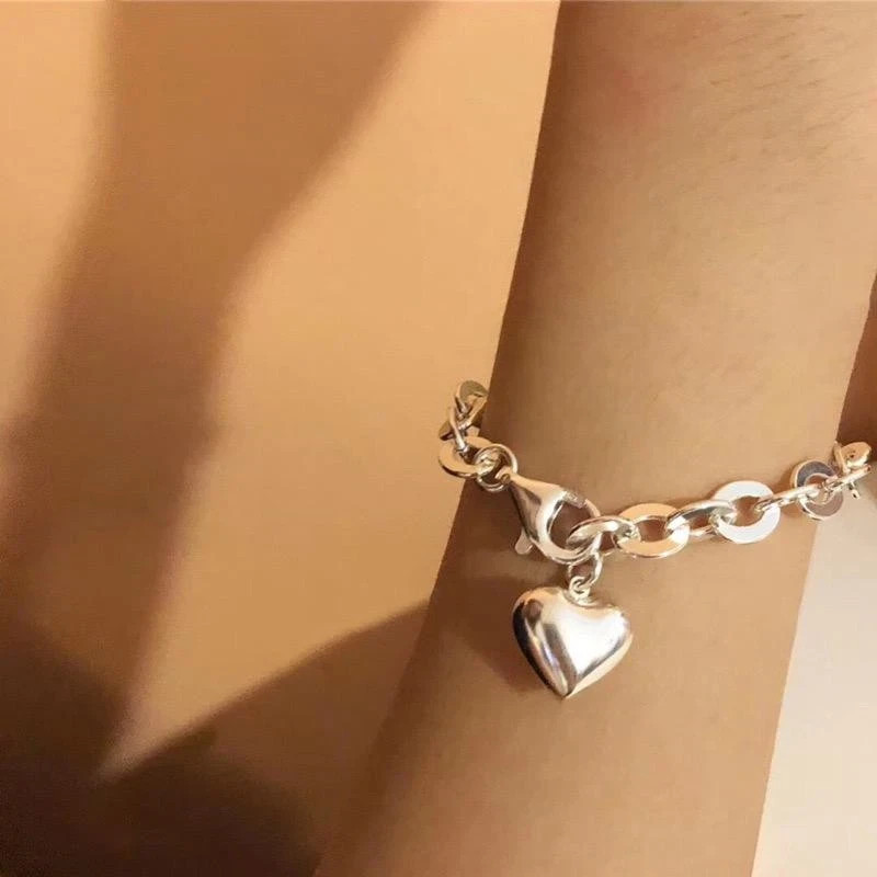 925 Sterling Silver Vintage Heart Pendant Bracelet Simple Retro Men Women Gift